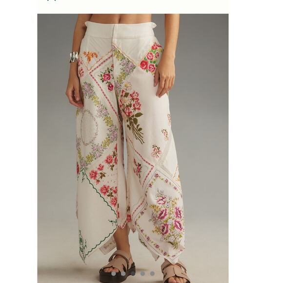 By Anthropologie Patchwork Linen Wide-Leg Crop Pants - Picture 2 of 10